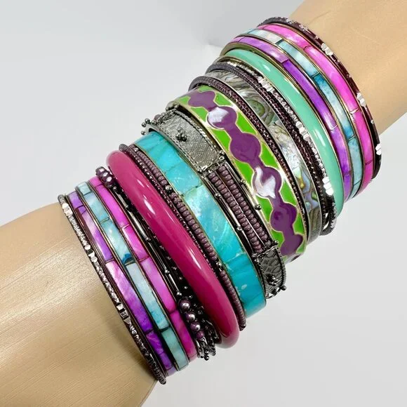 Boho Bangle Bracelet Stack: Vintage India Enamel & Shell Set (17pc) - Picture 2 of 5